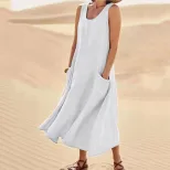 Summer Womens Cotton Linen Dress Sleeveless Round Neck Pocket Design Casual Wear for Everyday Us