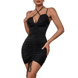 Black Bodycon Dress with Ruched Detail and Adjustable Straps for Women in Multiple Sizes