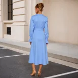 Elegant A Line Dress Deep V Neck Button Detail Waist Cinching Lantern Sleeves Perfect for Office