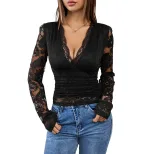 Lace Waist Black V Neck Top for Women Elegant Fit Long Sleeve Autumn Fashion