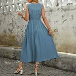 Summer Casual Blue Sleeveless Midi Dress Simple Design Waist Defined Elegant Style Perfect for P