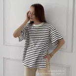 Womens Striped Cotton T Shirt Loose Fit Long Sleeve Split Hem Casual Spring Summer Style Wholesa