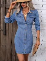 Vintage Denim Long Sleeve Dress for Women Slim Fit Waist Defined Casual Style Perfect for Spring