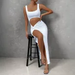 Sleeveless Midi Dress Simple Solid Color Hollow Out Design Slim Fit Spring Summer Fashion Wholes