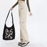 High Waisted Straight Leg Work Pants Loose Fit Wide Leg Large Pockets Casual Denim Trousers for