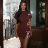 Fashionable Womens Bodycon Dress Ruffled Design Tie Waist High Neck Short Length Split Hem Perfe