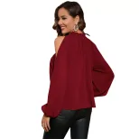 Elegant Burgundy Long Sleeve T Shirt Off Shoulder Round Neck Chic Style Spring Summer Fashion Wh