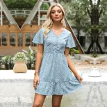 Floral Print Summer Dress Blue V Neck Short Sleeve Loose Fit Pleated Casual Wear Wholesale Avail