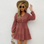 Casual Long Sleeve Dress Solid Color Slim Fit Pleated Design Autumn Winter Fashion Wholesale Ava