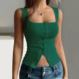Sleeveless Button Up Crop Top Square Neck Slim Fit Ribbed Fabric Trendy for Casual Outings Whole