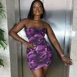 Fashionable Womens Bodycon Color Block Ruched Dress Floral Print Off Shoulder Sleeveless Ideal f