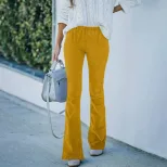 High Waisted Corduroy Slim Fit Flare Pants Solid Color Elastic Waist Casual Style Spring Summer