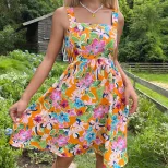 Summer Floral Print Midi Dress Colorful Design French Country Style Adjustable Straps Perfect fo
