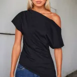 Off Shoulder Slim Fit T Shirt Short Sleeve Asymmetrical Neckline Spring Summer Style Wholesale A