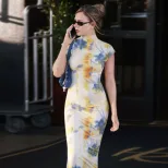 Elegant Floral Color Block Print Bodycon Dress Short Sleeve Half High Neck Spring Summer Fashion