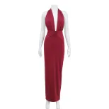 Elegant Womens V Neck Halter Backless Dress Ruffled High Waist Solid Color Perfect for Parties a