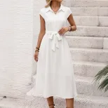 White Lapel Waist Tied Shirt Dress Minimalist Design Commuter Style Versatile Wear Wholesale Ava