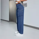 Loose Fit Wide Leg Denim Trousers for Women Large Pockets Casual Style Comfortable Fabric Availa