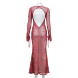 Red Leopard Print Mermaid Dress Sexy Backless Design Round Neck Elegant Style Perfect for Partie