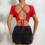 Summer Womens Short Sleeve T Shirt Sexy Backless Design Cropped Length Lightweight Fabric Casual