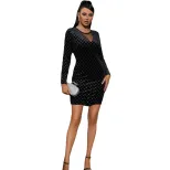 Luxury Velvet Bodycon Dress with Waist Detail Sheer Mesh Panels Rhinestone Embellishments Evenin