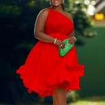 Plus Size Womens Dress Summer Collection Asymmetrical Shoulder Pleated Design Solid Color Elegan
