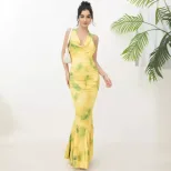 French Style Long Floral Dress Womens Sleeveless Deep V Neck Elegant Fit Perfect for Parties and