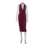 Bodycon Purple Dress Halter Neck V Neck Ruched Design Elegant Evening Wear Wholesale Available