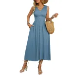 Summer Casual Blue Sleeveless Midi Dress Simple Design Waist Defined Elegant Style Perfect for P