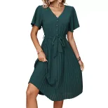 Womens Vintage Pleated Dress Dark Green Elegant Fit Summer Occasion private label