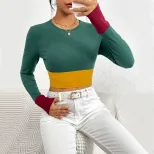 Womens Color Block Long Sleeve T Shirt Slim Fit Round Neck Stylish Design Autumn Winter Fashion