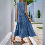Summer Casual Midi Dress Button Detail Solid Color V Neck Sleeveless Perfect for Everyday Wear W