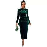 Velvet Maxi Dress for Women Dark Green Long Sleeve Slim Fit Side Pleats Elegant Spring Summer Ou