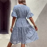 Blue Floral Print V Neck Summer Dress for Women Fresh and Sweet Style Available in Multiple Sizes Wholesale Supply