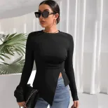 Womens Long Sleeve Irregular T Shirt Slim Fit Round Neck Fashionable Elegant Autumn Winter Colle