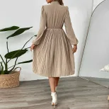 Chic Pleated Dress Bow Tie Neck Puff Sleeves Solid Color Office Wear or Casual Events OEM Availa
