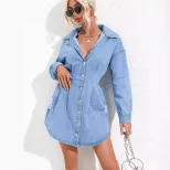 Womens Long Sleeve Denim Dress Slim Fit Waist Defining Casual Style Perfect for Spring and Summe