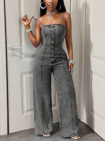 Summer Womens Denim Jumpsuit Casual Sleeveless Adjustable Straps Comfortable Fit Perfect for Out