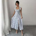 Sweet Floral Print Maxi Dress Square Neck Sleeveless High Slit Summer Casual Wear Wholesale Avai