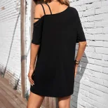 Casual Loose Solid Color One Shoulder Slip Dress for Women Comfortable Fabric Versatile Style Re