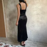French Romantic Velvet Lace V Neck Sleeveless Mermaid Dress Bodycon Fit Elegant Design Perfect f