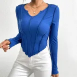 Womens Knit Long Sleeve T Shirt Slim Fit V Neck Asymmetrical Design Exposed Stitching Winter Fas