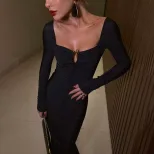 Womens Long Sleeve Bodycon Dress Solid Color Square Neck Slim Fit Elegant Style Perfect for Earl