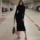 High Neck Long Sleeve Dress Slim Fit Solid Color Fashionable Design Autumn Wear for Women Wholes