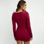 Elegant Wine Red Long Sleeve Bodycon Dress with Ruffled Neckline Chic Design for Spring Summer W