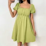 Elegant Summer Dress Sexy Square Neck Puff Sleeves Fitted Waist Perfect for Parties and Casual O