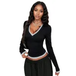 Womens Color Block V Neck Long Sleeve T Shirt Slim Fit Solid Color Trendy Design Spring Summer F