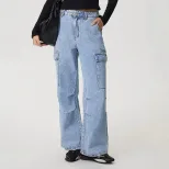 Womens Casual High Waisted Denim Trousers Slim Fit Large Pockets European and American Style Per