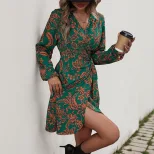 Floral Print One Piece Dress Autumn Fashion European and American Style Casual Wear Wholesale Av