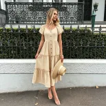 French Style V Neck Short Sleeve Cake Dress Slim Fit Waist Defining Lightweight Fabric Summer Va